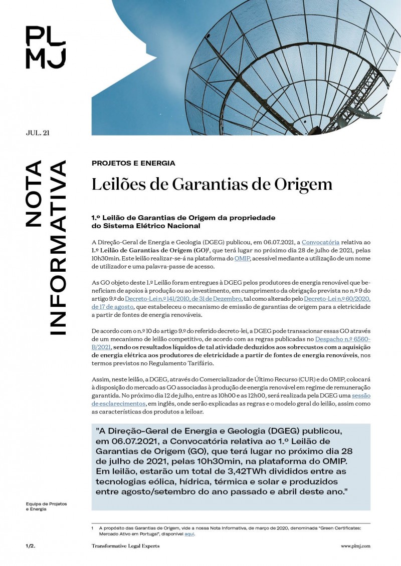 Leilões de Garantias de Origem - Notas Informativas - Conhecimento - PLMJ  Transformative legal experts