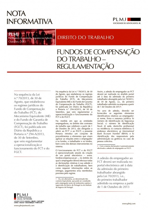 Fundos de Compensação do Trabalho - Notas Informativas - Conhecimento -  PLMJ Transformative legal experts