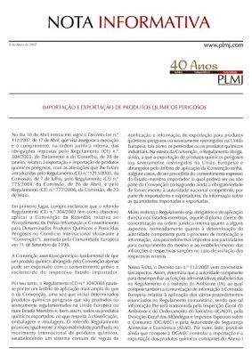 Importação e Exportação de Produtos Quimicos Perigosos - Notas Informativas  - Conhecimento - PLMJ Transformative legal experts
