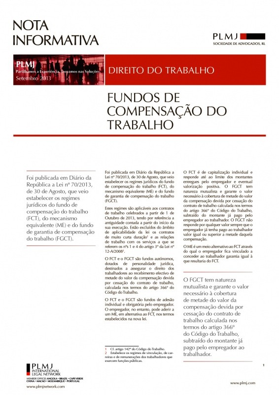 Fundos de Compensação do Trabalho - Notas Informativas - Conhecimento -  PLMJ Transformative legal experts